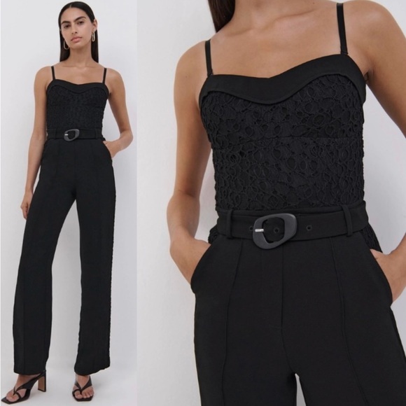 NWT Jonathan Simkhai Women's Black Utility Lace Patchwork Jumpsuit Size 0 $695